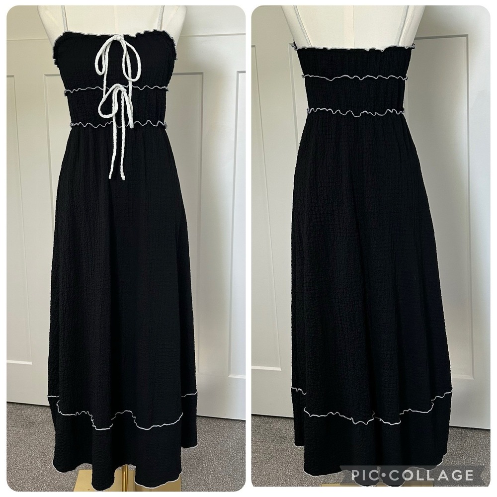 See You Monday Women's LARGE Black Contrast Trim Midi Dress Spaghetti Strap EUC